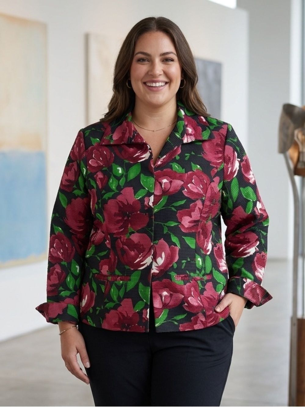 Take 50% OFF- Joni B Floral Pattern Cropped Jacket in Black and Pink, Size-XL